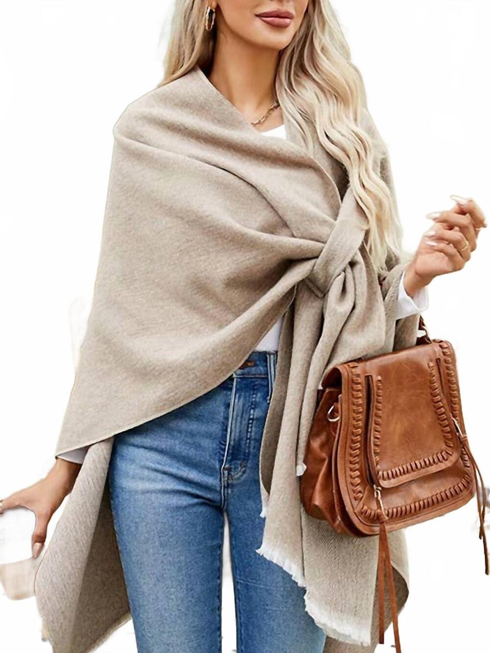 NEW ROSA CLOTHING asymmetrical plain chilly ruana wrap in khaki